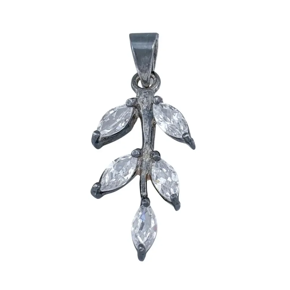 Vintage Sterling Silver 925 Cubic Zirconia Leaf Pendant